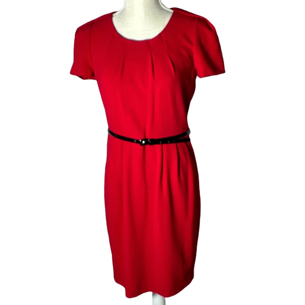Same Pencil Dress except Red. Jewel neck, Short puff sleeve. - Picture 1 of 14
